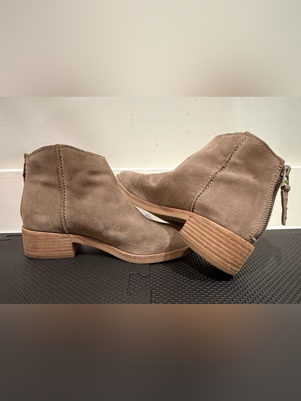 Dolce Vita Taupe Suede Ankle Booties with Stacked Heel
